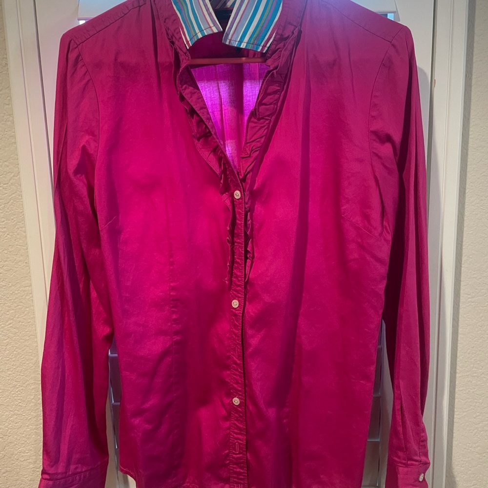 Black blazer with pockets and lined withh pink blouse and paisley silk blouse.